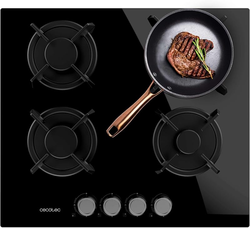 Gaskochfeld Bolero Squad GN 4200S Glass Black, 4 Brenner, 8 kW Leistung, Schwarzes Glas, WOK Triplekorona, Gusseisen Einzelgitter, Elektronische Zündung, Sicherheitsventil und GLP-Umrüstung