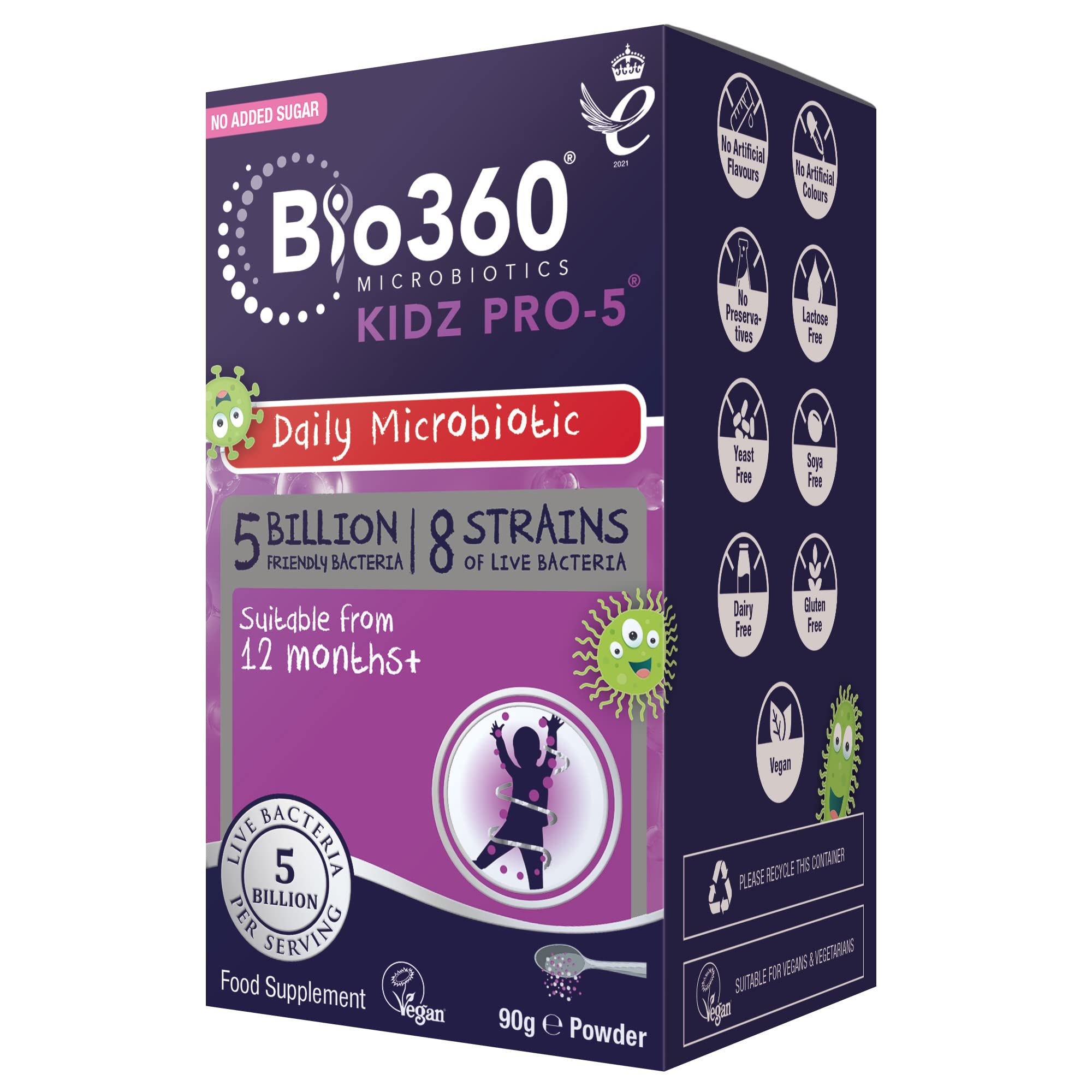 Natures Aid Bio360 Kidz Pro-5 Daily Microbiotic Powder 90g for Children 12 Months to 12 Years - 5 Billion Friendly Bacteria - Sugar Free Vegan Non-GMO Gluten-Free