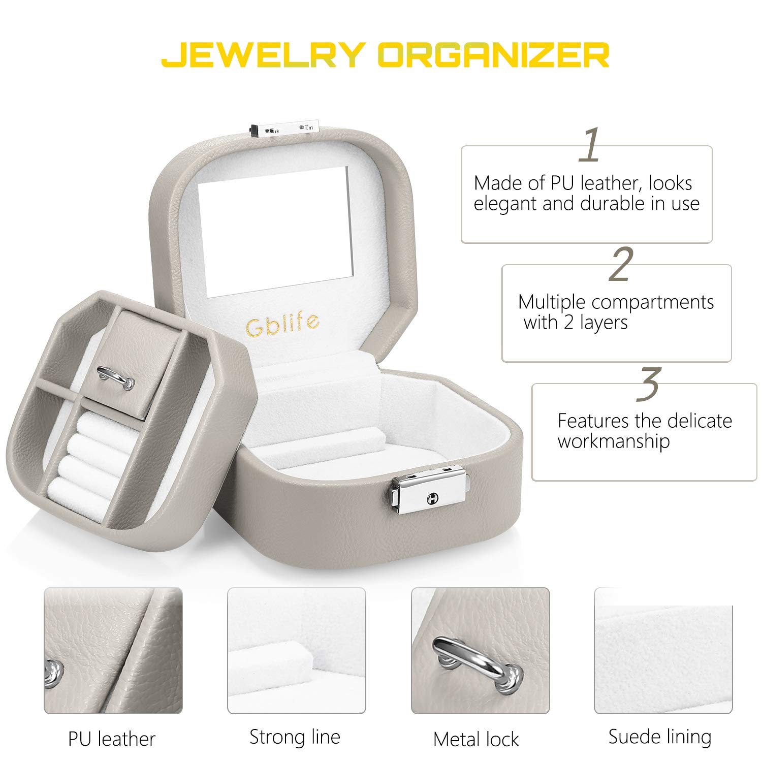 GBlife Jewellery Box, Jewel Box Organiser Display Case PU Leather Woman, Double Layers 5 Compartments, Storage Box Necklaces, Bracelets, Earrings, Hairpins, Cufflinks (Grey)