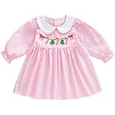 Toddler Baby Girl Christmas Outfit Candy Cane Christmas Tree Embroidery Collared Plaid Long Sleeve Dress Clothes