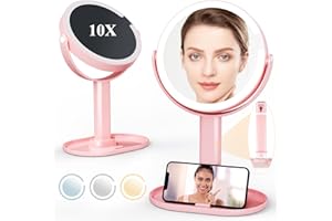 VIOAFLXI 8" Lighted Makeup Vanity Mirror,Rechargeable Double Sided Magnifying Mirror,1X/10X Magnification travel mirror with light,360° Rotation Portable Light Up Beauty Cosmetic Mirror with 3 Color Light,Pink
