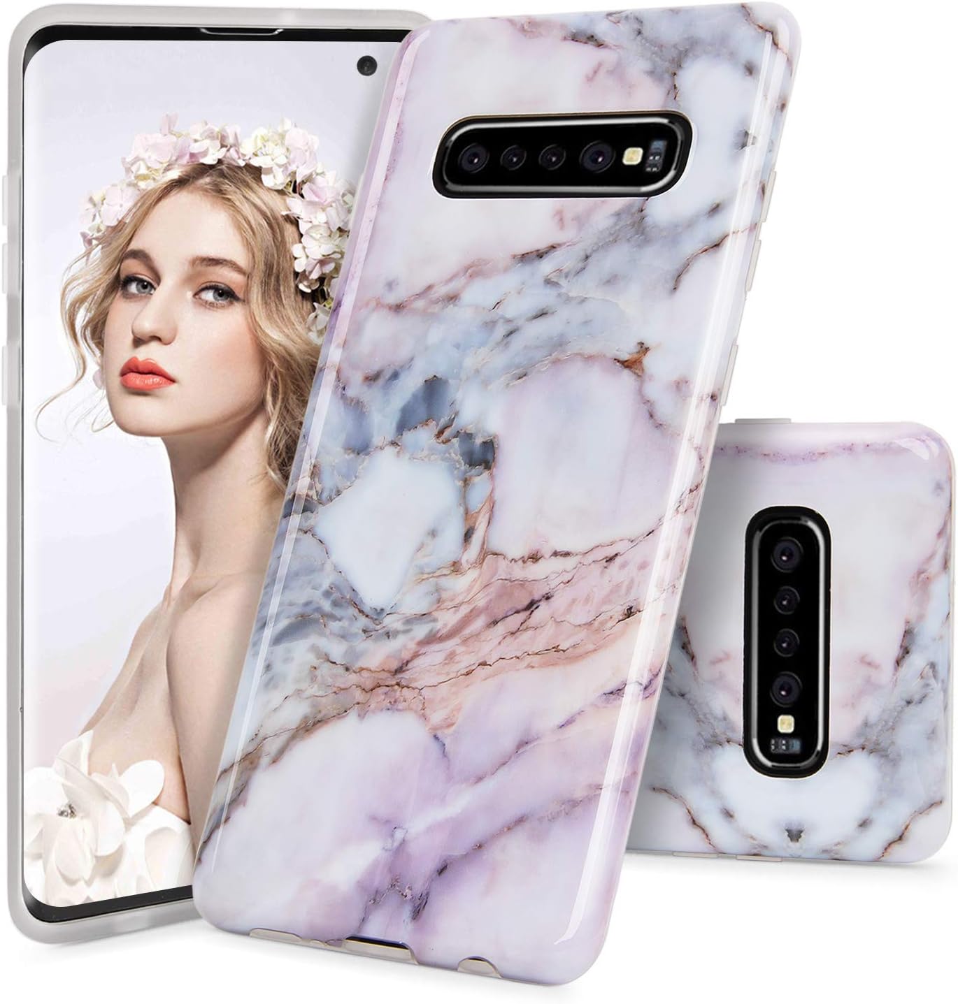 Imikoko S10 Plus Case, Galaxy S10+ Case Glossy Marble Design Slim Thin Anti-Scratch Shock Absorption Cover Flexible Clear TPU Bumper Soft Case For Samsung S10+/Galaxy S10 Plus 6.4"- Pink Purple