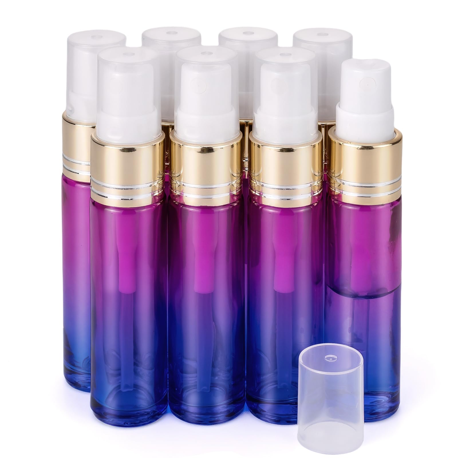 Unxuey 10ml (0.3 Oz) Glass Spray Bottle Rose Blue Gradient Rainbow Color with Gold Fine Mist Pump Spray Refillable Vials Essential Oils Perfume Bottles Pack of 8