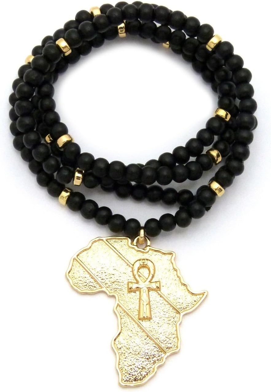 Shiny Jewelers USAMens Egyptian Ankh Cross Africa Map Power Fist Gold Pendant 6mm 30" Wooden Bead Necklace