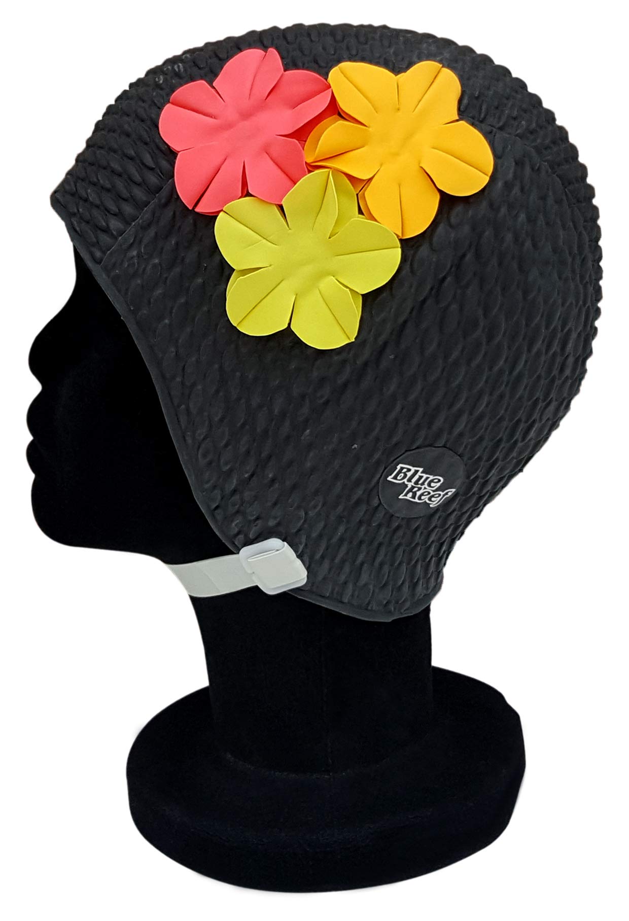 Blue Reef Rome Bubble Single Colour Floral Ladies Classic Retro 3 Flower Bunch 3D Petal 3 Tropical Colours Stylish Vintage Swimming Hat Swim Cap One Size Adults With Adjustable Strap (Black)