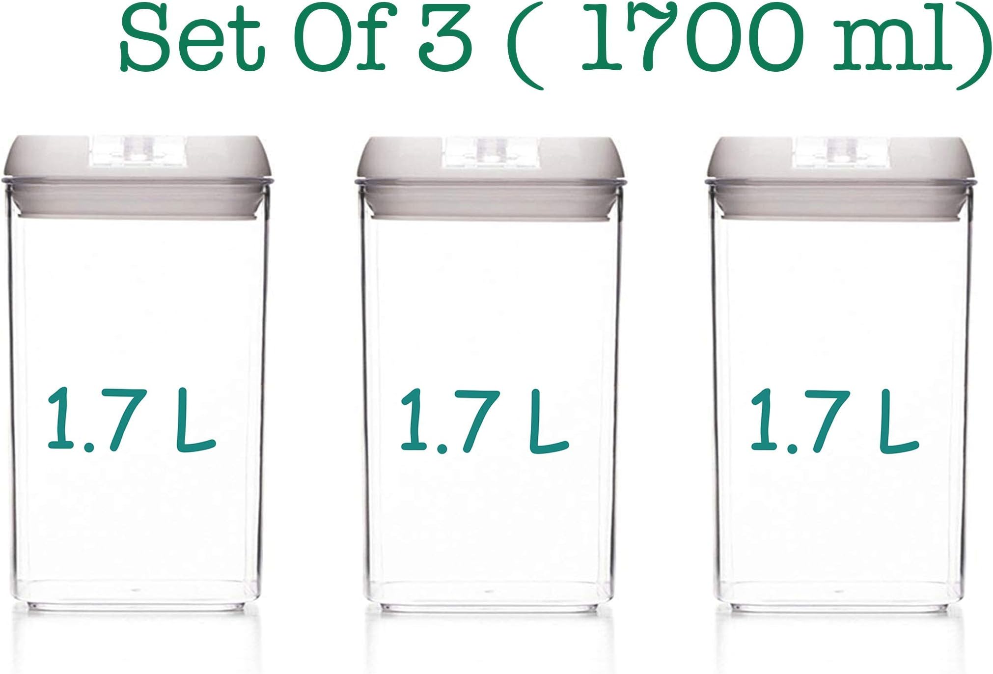 Storage Container Airtight Food Strong Plastic Storage - Canisters Jars with Lids, for Pasta, Cereal, Flour, Tea Coffee Sugar Spices Spaghetti Herbs (3 x 1700 ml)