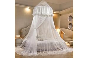 AIKASY Princess Bed Canopy for Girls – Double Layer Sheer Mesh Dome with Romantic Lace Trim, Dreamy Mosquito Net Tent for Twin/Full/Queen/King Beds(White)