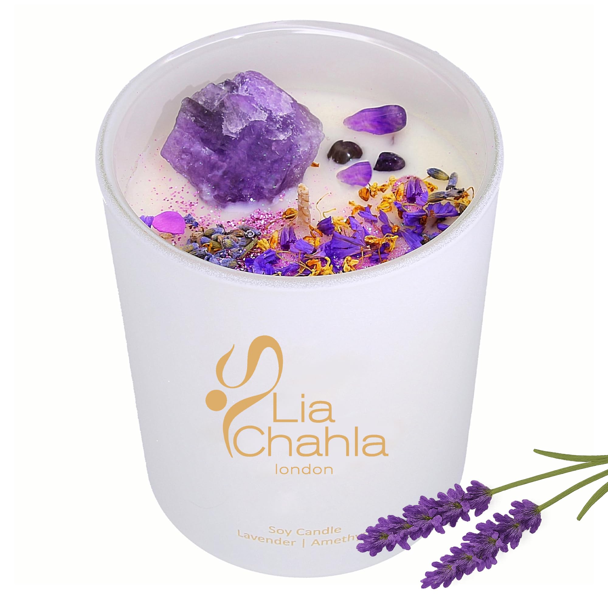 Lia Chahla London Lavender Soy Candle with Amethyst Crystals – Natural Aromatherapy Candle – Relaxing Scented Candle for Sleep & Stress Relief – Luxury Gift for Her (Lavender/Amethyst, 10 OZ)