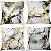 HIKENVIU Black Gold Grey Marble Throw Pillows Covers 18x18 Inch Set of 4, Abstract Modern Decorative Pillow Cases for Sofa Couch Bedroom Living Room Home Black and Gold Decor Cushion Covers