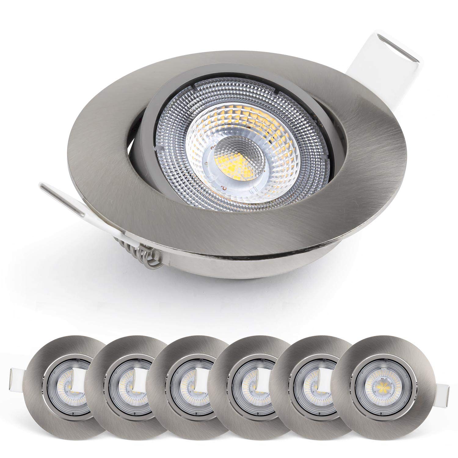 EMOS LED Spot Lights Ceiling Round 5W / 450lm, 6500K Cold White | 50° Tilt Swivel Recessed Ceiling Lights, Ultra Slim | Pack of 6 Recessed LED Downlights for Ceiling, Mains Powered, Brushed Silver