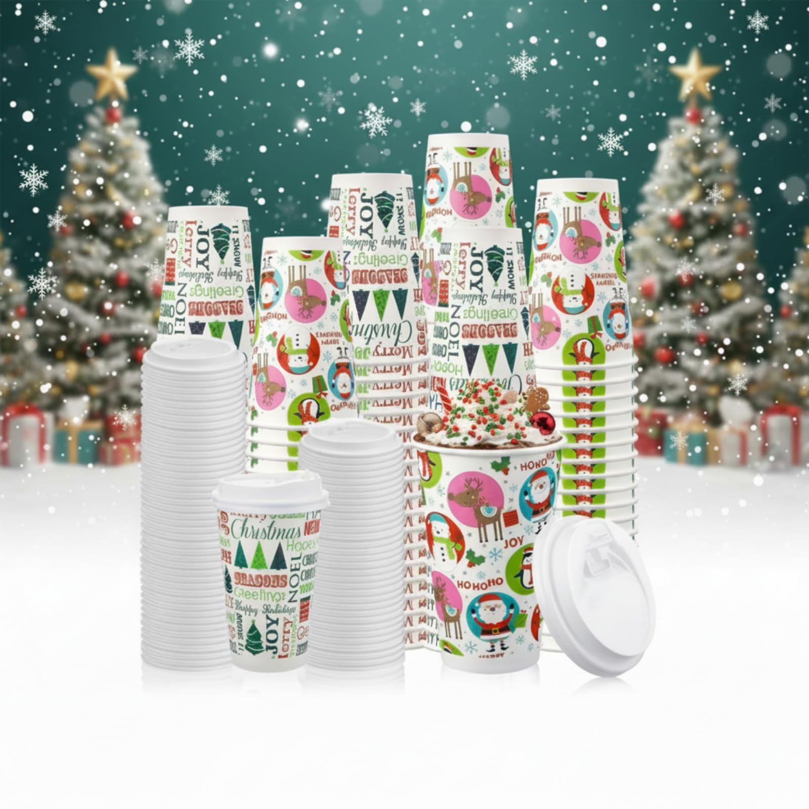Photo 1 of Hotop 60 Pack 16 oz Christmas Disposable Cup Paper with Lid Bulk Tea Coffee Hot Chocolate Cocoa Bar Party Holiday Daily Use Office Shop Supplies Xmax Santa Snowman Christmas Tree Happy New Year(Tree)