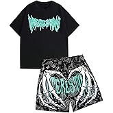 SHENHE Men's Summer 2 Piece Outfits Crewneck Graphic Tee Shirt and Paisley Bandana Shorts Set