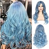Beweig Blue Wig for Women Long Curly Wavy Pastel Blue Wig Side Part Synthetic Halloween Cosplay Wig with Wig Cap