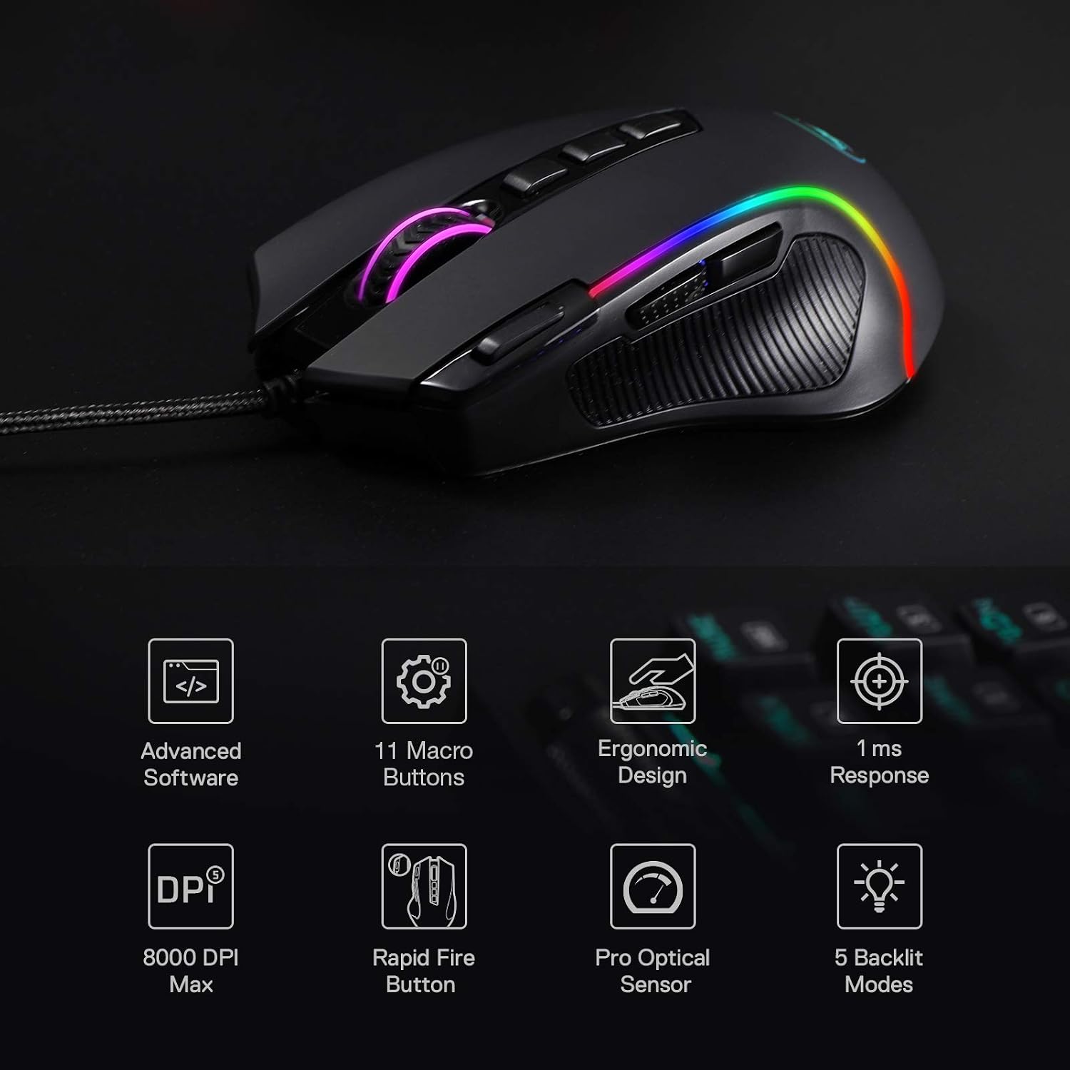 Redragon M612 Predator RGB Gaming Mouse, 8000 DPI Wired Optical Gamer Mouse with 11 Programmable Buttons & 5 Backlit Modes - Image 4