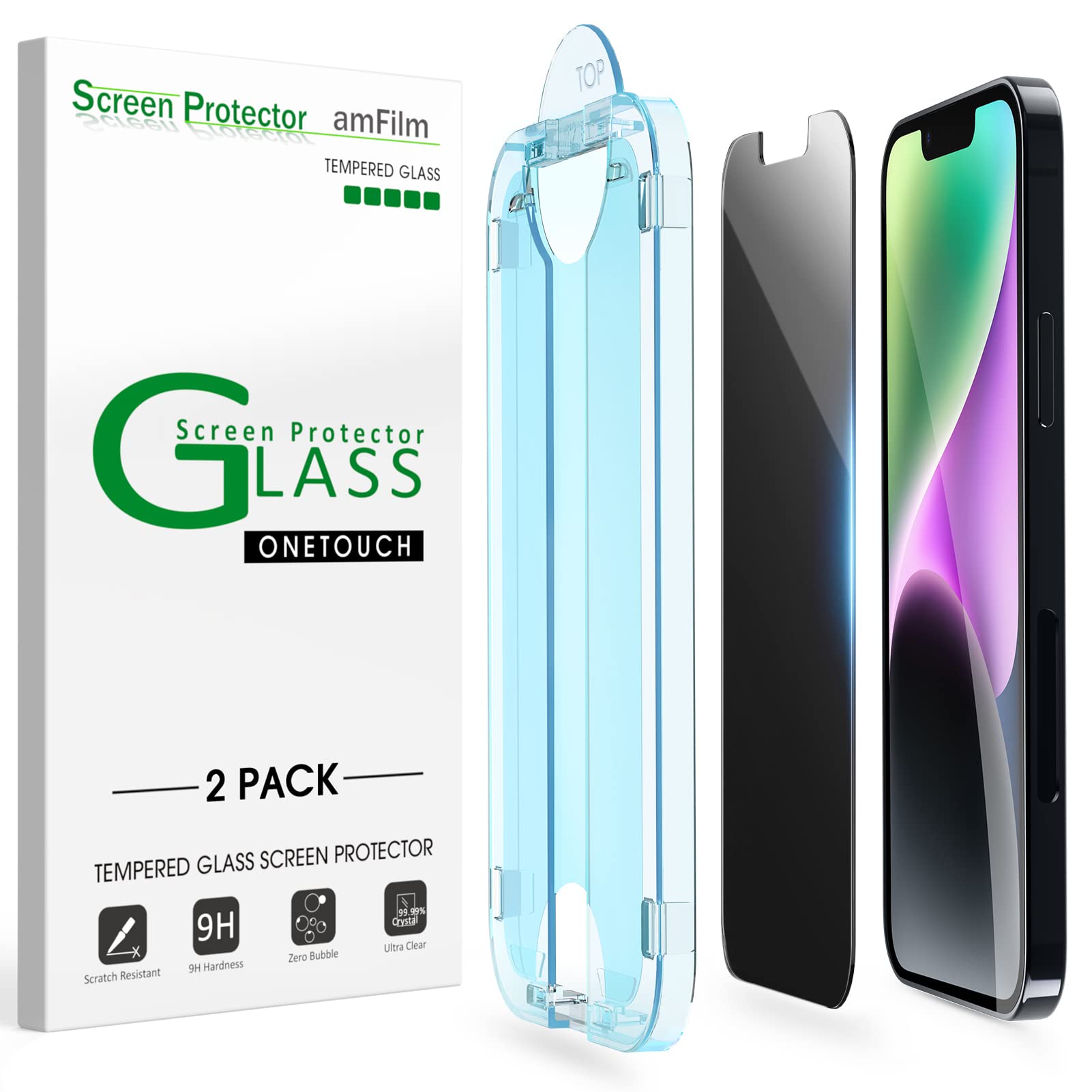 amFilm Auto-Alignment OneTouch for iPhone 14 Plus/iPhone 13 Pro Max [6.7''] privacy Screen Protector,Tempered Glass, 30 seconds Installation, Bubble Free, Case Friendly, Anti-Scratch [2Pack]