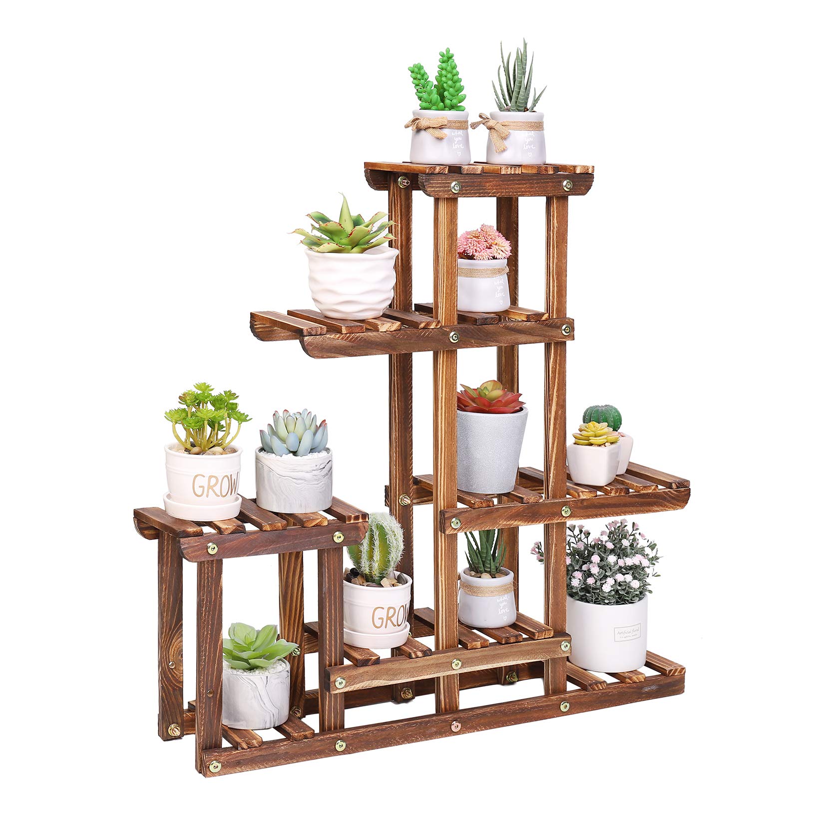 unho Wooden 4 Tier Plant Stand Indoor Outdoor, Flower Display Shelf with Strong Solid Wood Frame for Multiple Plants, Decorative Plant Holder for Living Room Balcony Patio 60×61.5cm