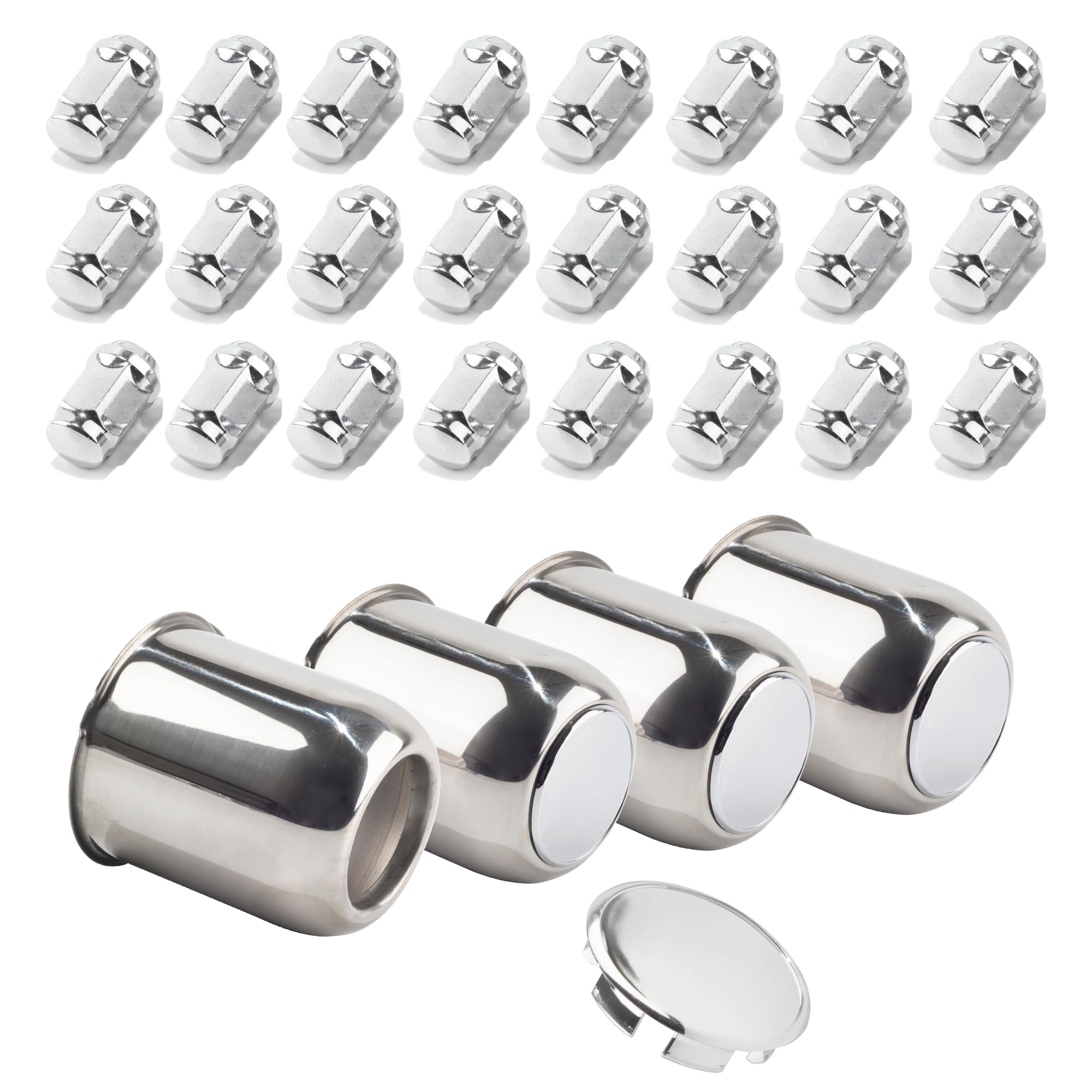 Photo 1 of HowioZil 4-Pack Trailer Push Through Center Caps and Trailer Wheel Lug Sets - 3.19in Wheel Center Caps Chrome Wheel Cover Stainless Steel Hub Cap with 24 Chrome Capped 1/2-20 Lug Nuts for Truck RV