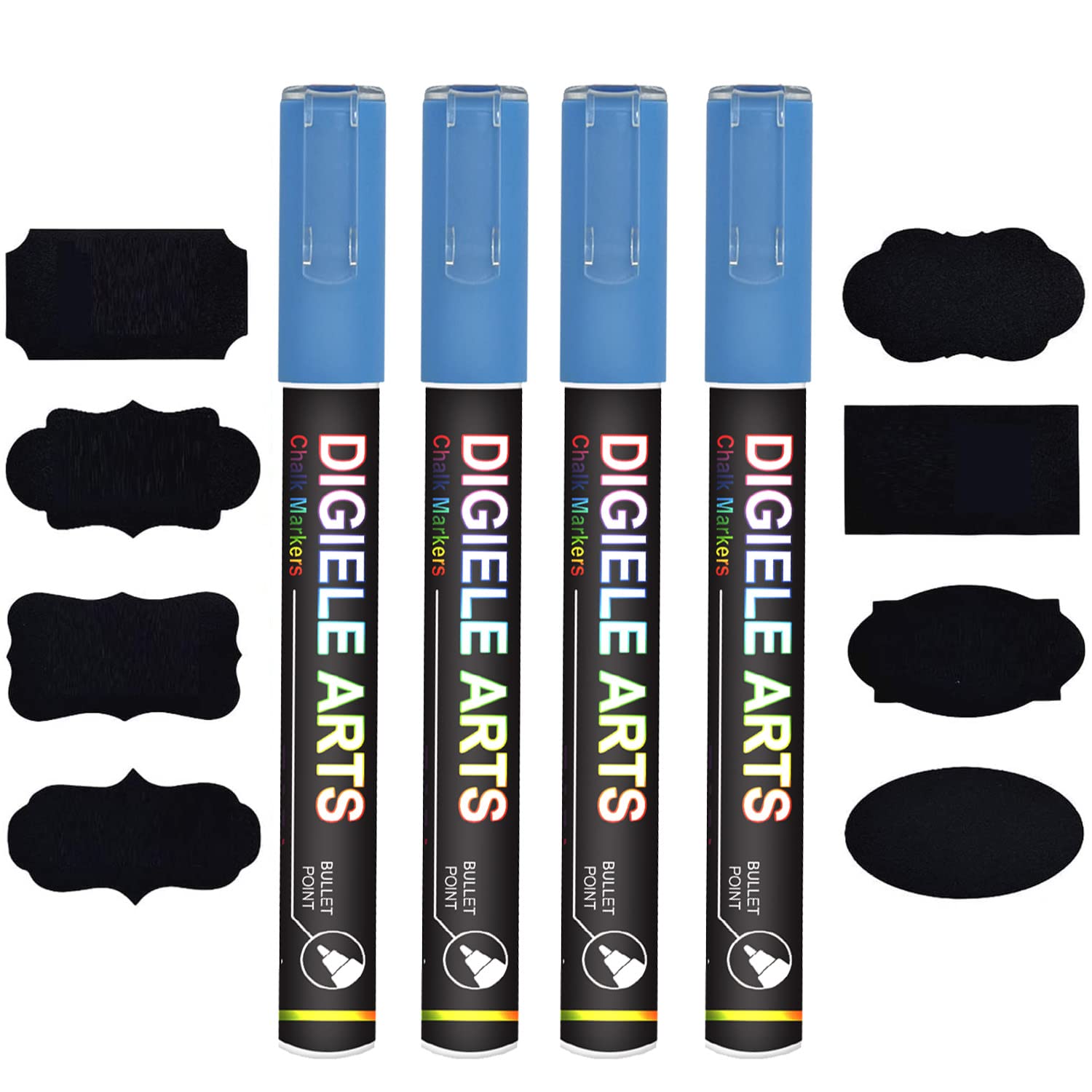 DIGIELE Blue Chalk Marker Pens, 3mm Blue Liquid Pen Markers, Dry or Wet Wipe Erase, Reversible Bullet or Chisel Tip for Blackboard, Whiteboard, Window & Glass, 4 Pens + 16pcs Chalkboard Labels Packed