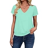 Sialois Short Sleeve Women T Shirts V Neck Tops Fashion Banded Bottom Tops Summer Spring Outfits Beach Vacation Clothes 2026