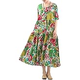 Minibee Women's Bohemian Maxi Dress Summer Short Sleeve Boho Floral Long Beach Swing Dresses with Pockets
