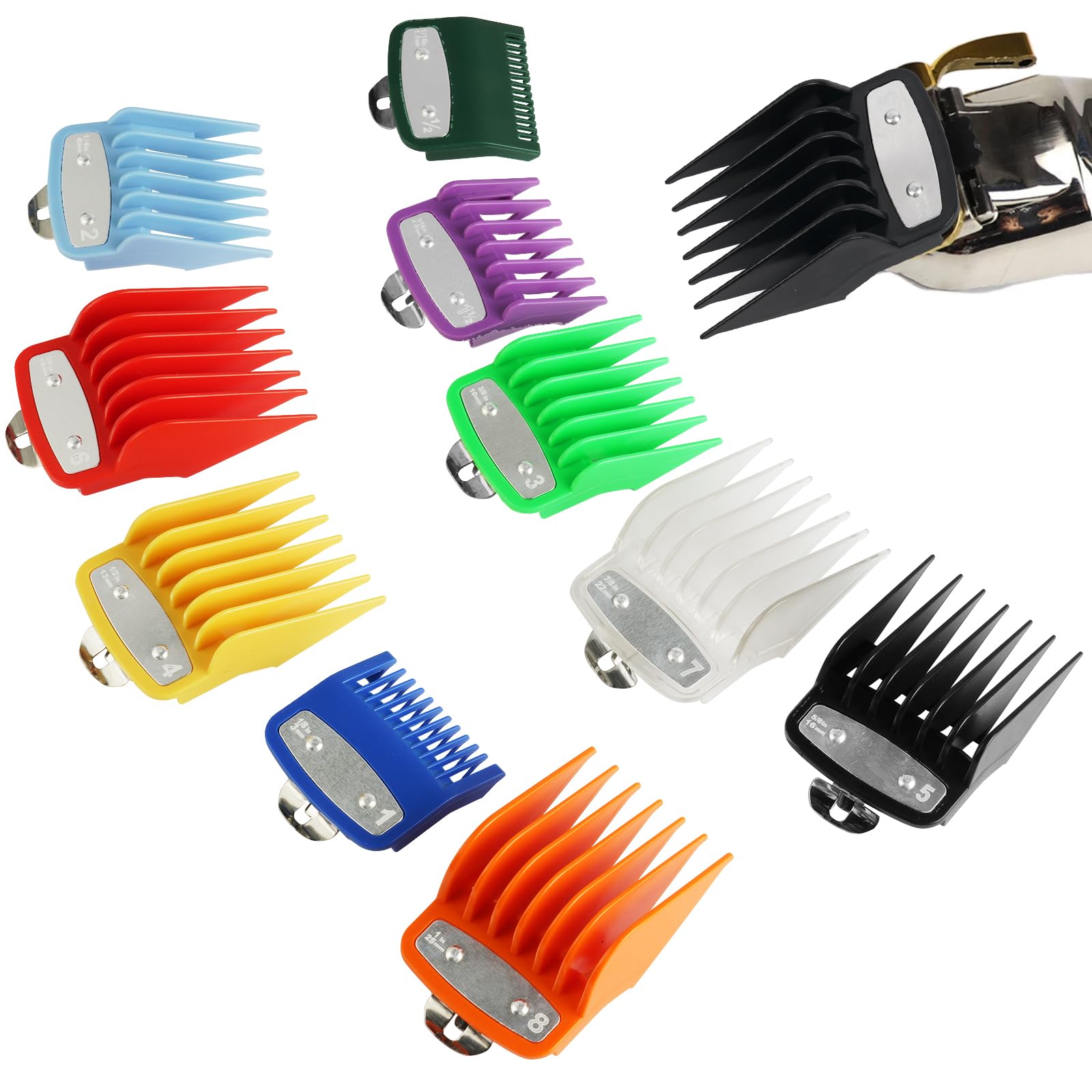 LOPHE 10 Pcs Hair Clipper Guards Cutting Guides for Hair Clipper with Metal Clip, from 1/16 Inch to 1 Inch (1.5-25mm), Hair Clipper Limit Replacement Comb for Hairdressing Salons and Home, Multi-Color