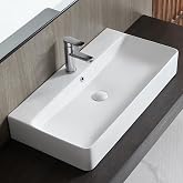 Eridanus 32" Ceramic Wall Mount Vessel Sink, Rectangular Countertop Basin | 32" x 16" ceramic sink, Wall mounted sink /countertop vanity sink, Rectangular vessel basin, Overflow, Washbasin glossy white