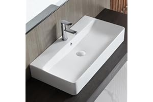 Bathroom Vessel Sink, Eridanus 32" x 16" Rectangular Ceramic Wall Mount Sink Countertop Vanity Basin, White Porcelain Art Basin Modern Trough Above Counter Bowl with Overflow