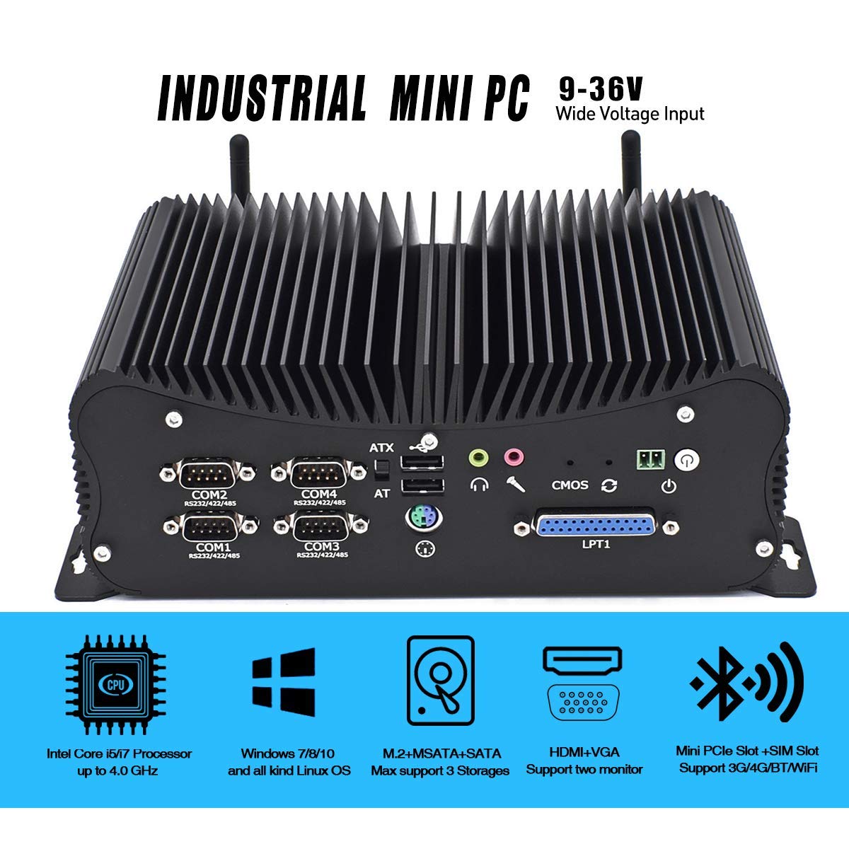 Fanless Industrial Mini PC DDR4 Core i7 8550U 64GB RAM, 1TB SSD, 2TB HDD, Industrial PC Windows 10 H
