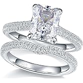 Bo.Dream Wedding Ring Sets for Women 3ct Radiant Cut Cubic Zirconia Platinum Plated 925 Sterling Silver