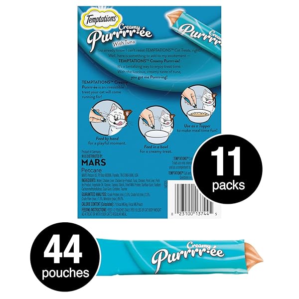 TEMPTATIONS CREAMY PUREE SQUEEZABLE LICKABLE CAT TREATS, WET CAT TREATS WITH TUNA, 0.42 OZ. TUBES, 4 COUNT, PACK OF 11 (44 TOTAL)