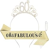 Casoty Gold 60th Birthday Sash and Tiara for Women, 60th Birthday Decorations Women, 60 & Fabulous Sash and Crown Set, Happy 60th Birthday Gifts for Women, 60th Birthday Party Supplies