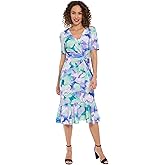 London Times Women's Elegant Midi V-Neck Short Sleeve Twist Waist Flounce Hem-Special Occasion Cocktail Dresses