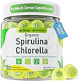 Organic Spirulina + Chlorella Gummies, High in Vegan Protein, Chlorophyll, Nutrient Dense Green-Blue Algae +Super Greens, Vitamin C, D3, Zinc, B12 for Daily Energy, Cleanse, Antioxidant, Immune, 60Cts