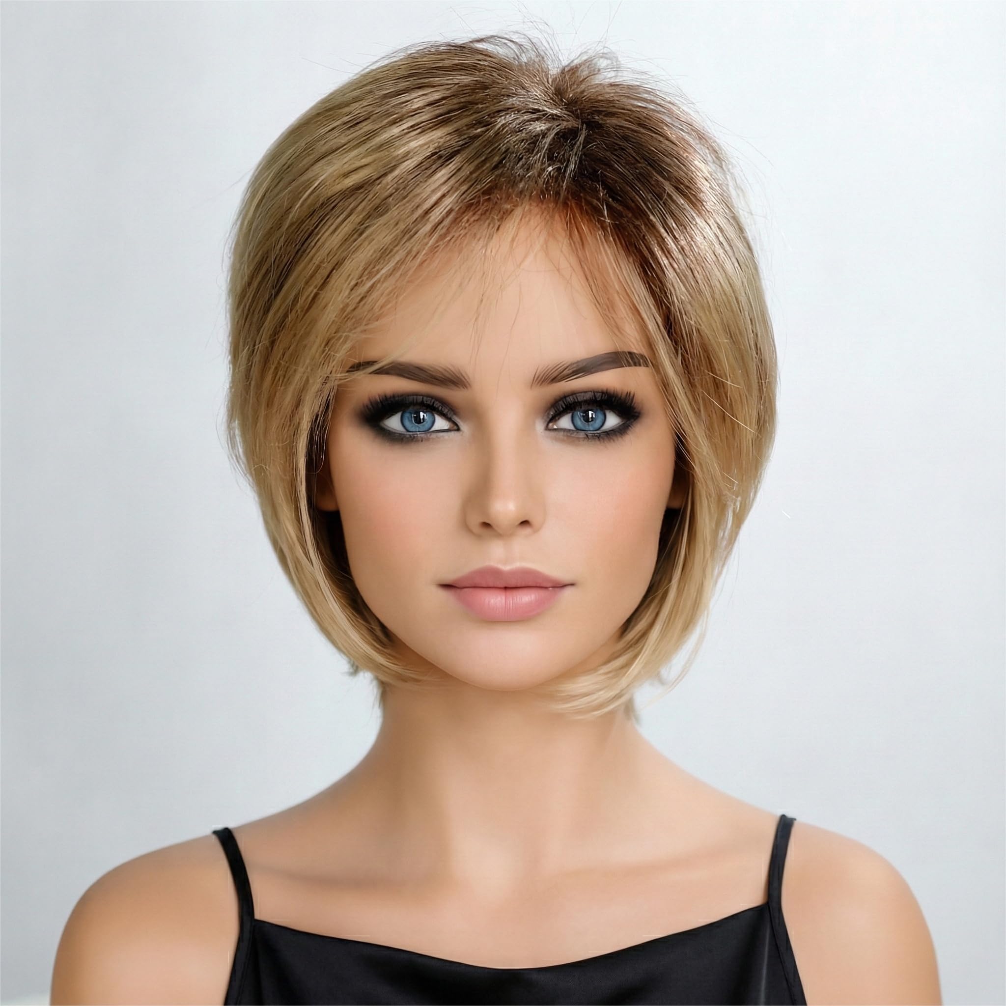 AIYLMZ Ladies Brown Short Fluffy Nature Side Part Wigs Blonde Short Straight Wigs for Women Hair Heat Resistant Full Wigs Short Layer Nature Hair (Gradient Blonde)