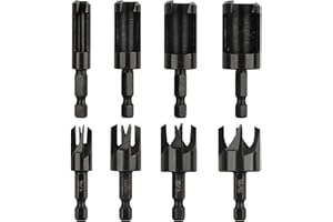 Rocaris 8 Pack Wood Plug Cutter Drill Bit Set, Straight and Tapered Taper Cutting Tool 1/4", 5/8", 3/8", 1/2", 1/4 Inch Hex Shank, Black