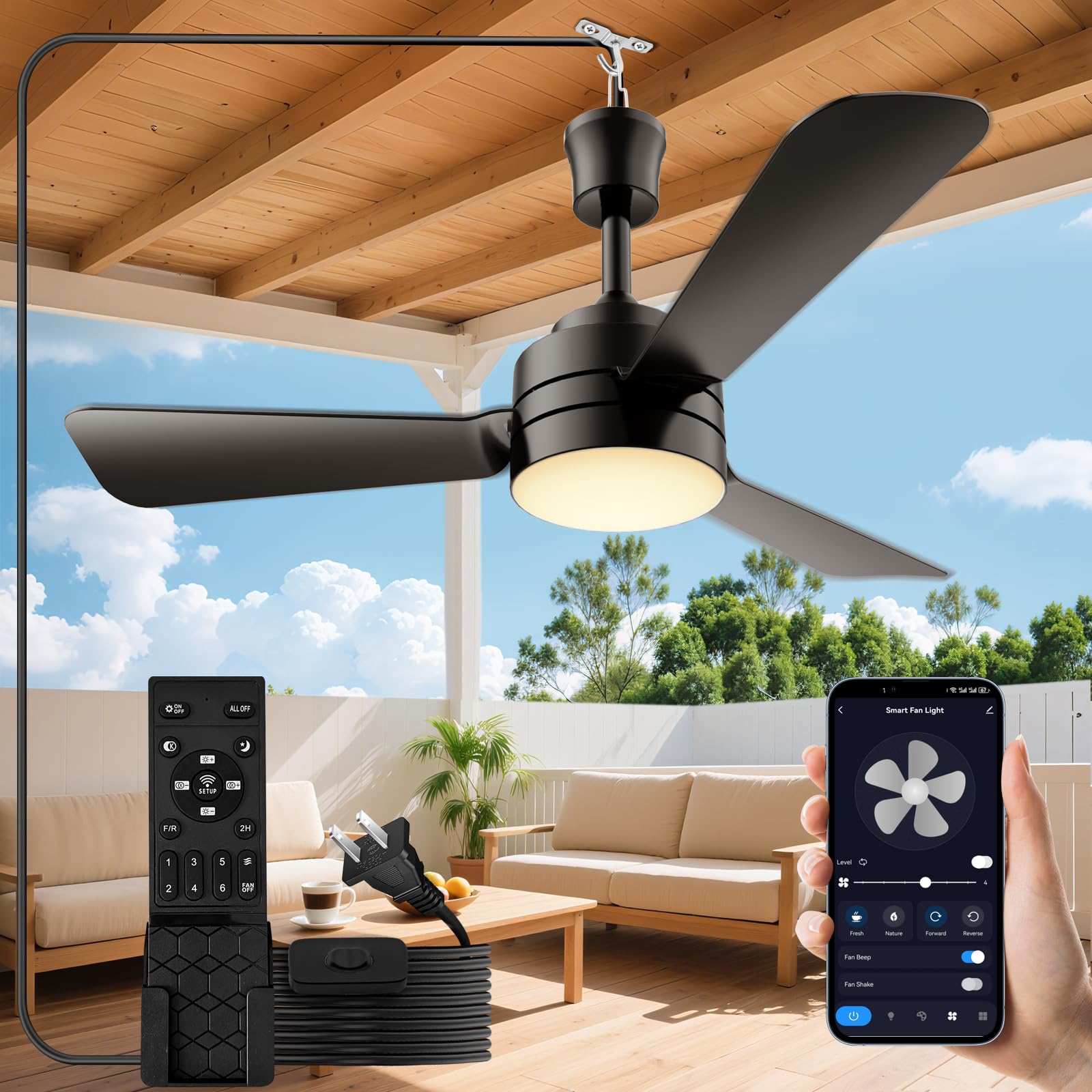 Photo 1 of Small Ceiling Fans with Lights,28" Plug in Ceiling Fan Light,LED Fan Light Hanging with Hook,Portable Ceiling Fan,35W,3000-6500k,Remote Control,Hook Type Fan for Camping Bed,Patios(Black)