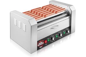 Olde Midway Electric 18 Hot Dog 7 Roller Grill Cooker Machine with Bun Warming Drawer - Commercial Grade, Stainless Steel
