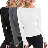 Velvelhall 3 Pack Women's Workout Shirts Long Sleeve Raglan Slim Fit Crew Neck Athletic Yoga Basic Tops with Thumb Holes