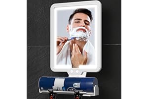SUUPVAOR Lighted Shower Mirror Fogless for Shaving, Heated Fog Free Large 9.5*7inch 3 Color Modes Dimming Shower Shaving Mirror with Light, Rechargeable Anti-Fog Shower Mirror with Storage Tray & Razor Holders