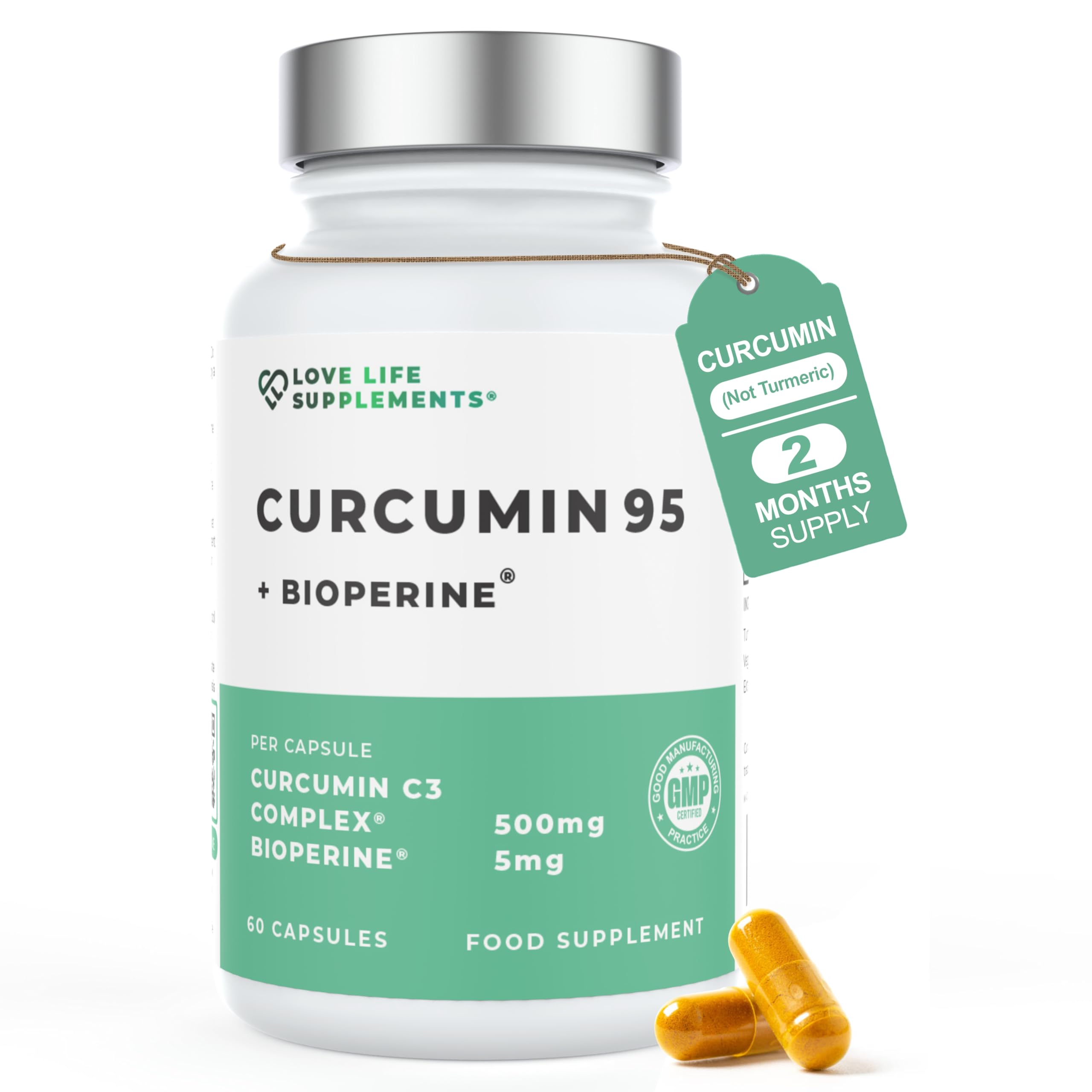 Curcumin 95 + Bioperine® by LLS | High Strength Turmeric Curcumin Capsules containing 96.9% Curcuminoids and Black Pepper Extract | 500mg x 60 Veg Capsules | Made in UK Under GMP/BRC License