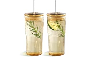 Puraville 2 Pack 20oz Glass Cups with Lids and Straws, Mason Jar High Borosilicate Drinking Glasses Iced Coffee Cup, Glass Tumbler Smoothie Cup for Long Drinks, Amber