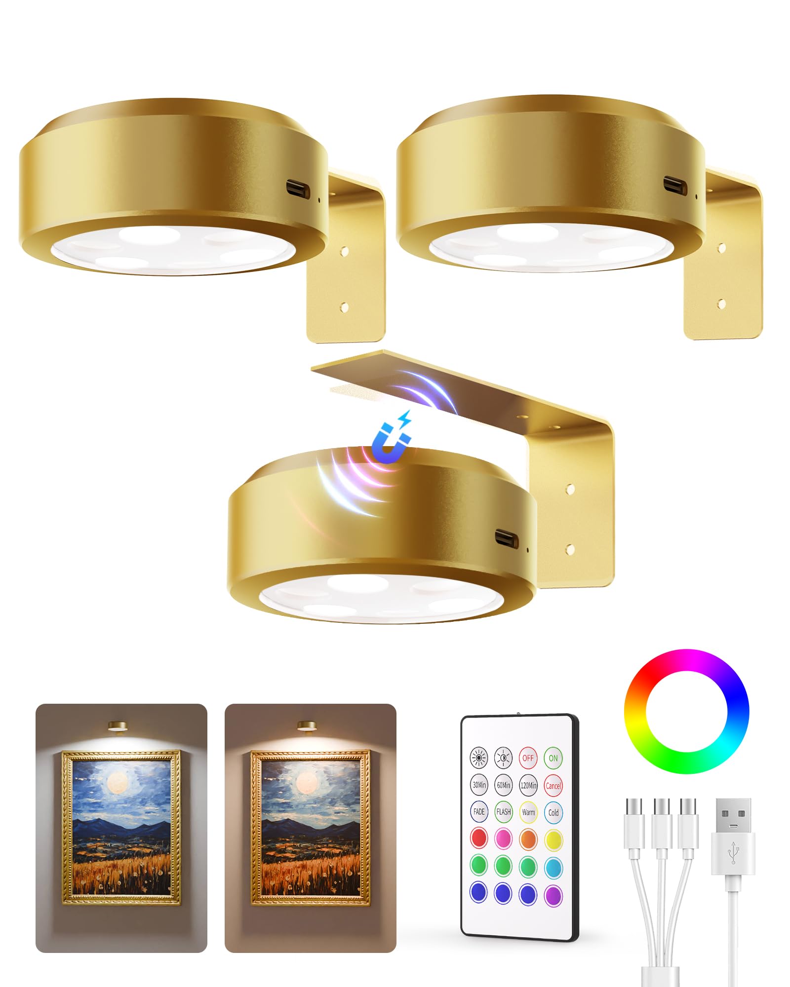 Photo 1 of EZVALO Picture Lights for Wall,2000mAh Rechargeable Battery Magnetic Poster Lights with 2 Color Temps&12 RGB,Remote Dimmable Timer Painting Light,Wall Decor Light for Art Display,Picture,Frame(3 Pack)