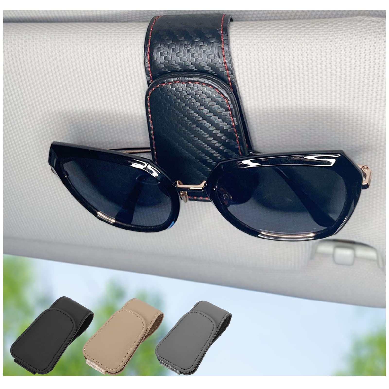 Photo 1 of CHOSMOYI Magnetic Leather Sunglass Holder for Car, Sunglasses Clip for Car Visor, Auto Interior Accessories Universal for Different Size Eyeglasses (Carbon Fiber)