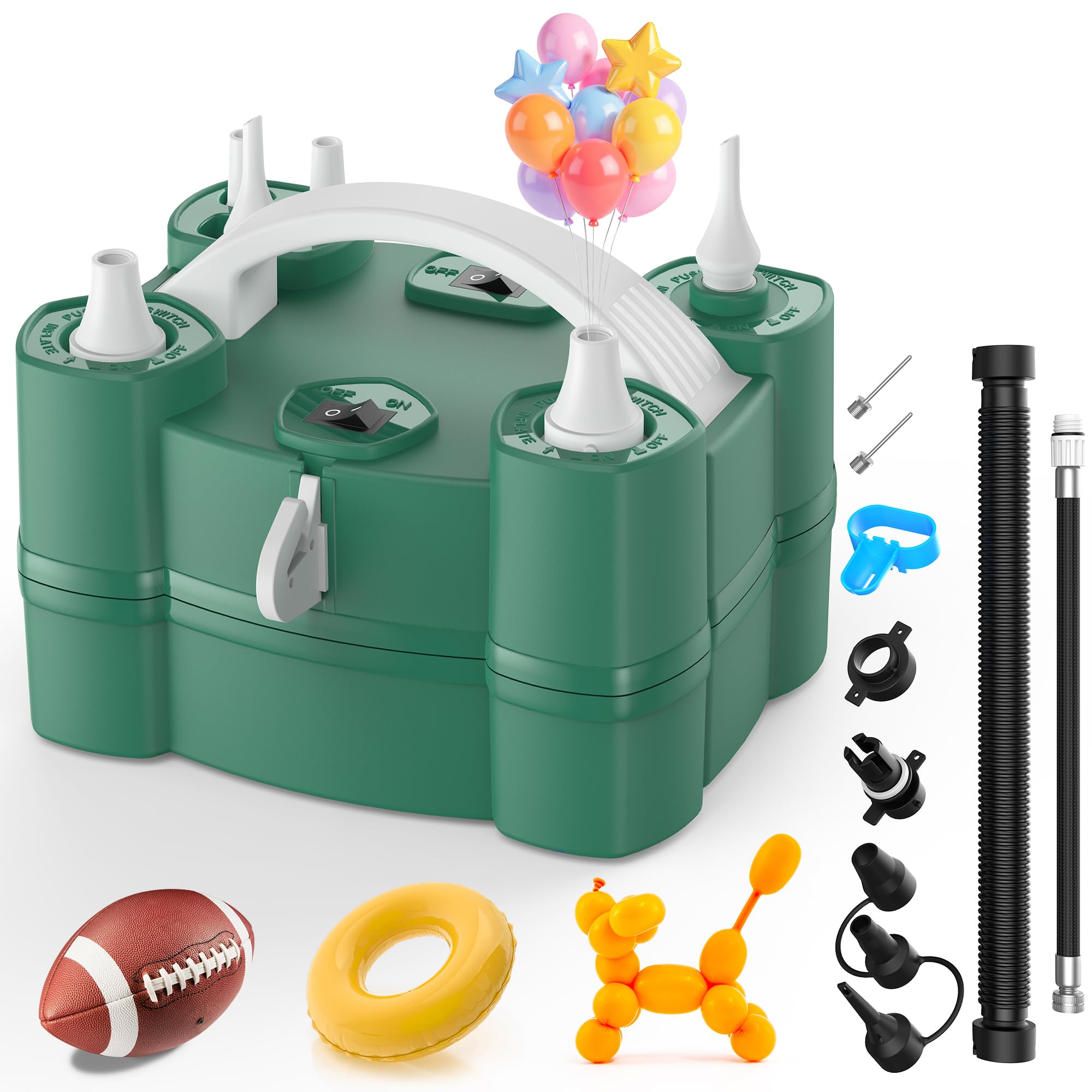 Photo 1 of Balloon Pump 4-in-1 Electric Balloon Inflator with Triple Inflating Ports for All Balloons Air Filler Machine for Sports Balls Inflator Deflator for Inflatables (Green, Drawstring Bag Included)