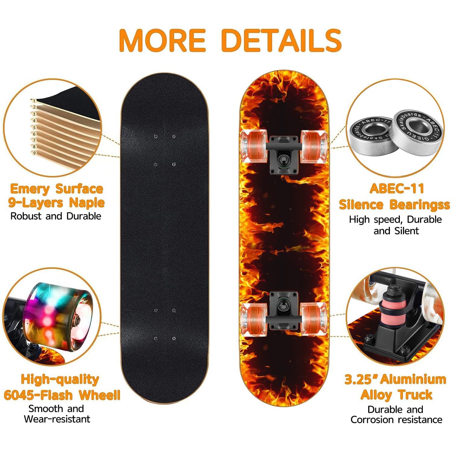 GIEEU Skateboards with Colorful Flashing Wheels for Beginners,Kids,Teens,Adults, Complete Standard Skate Boards 9 Layer Canadian Maple Deck Concave Skateboard