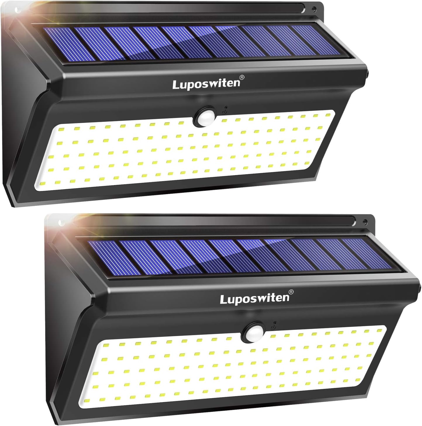 Luposwiten 100 LED Solar Lights Outdoor, 2000 LM Solar Wall Lights with Motion Sensor, Waterproof Solar Powered Security Lights for Outside Wall, Garden, Patio, Pathway[2 Pieces] [Energy Class A+++]