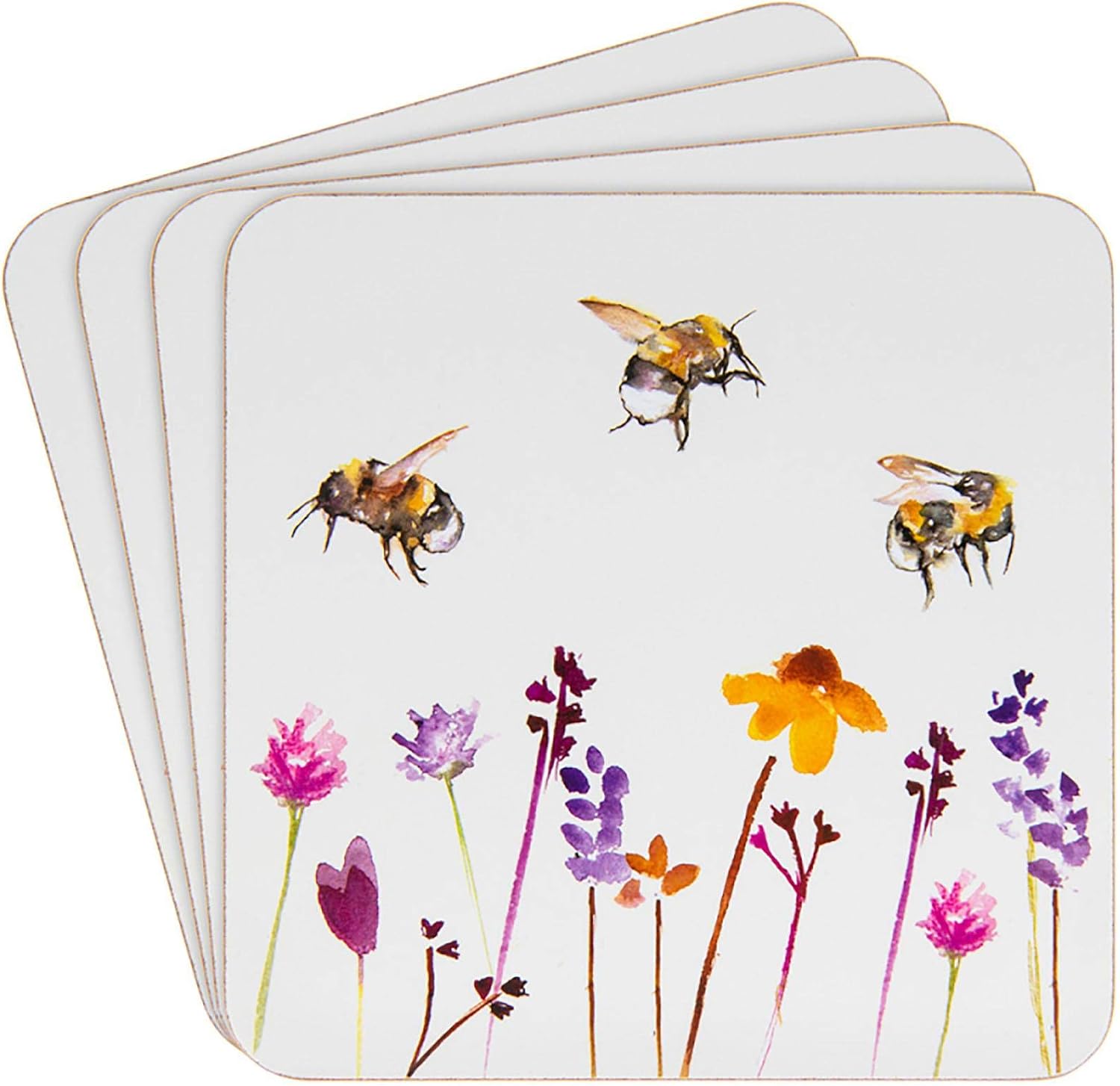 Heat Resistant Cork Back Coasters Pretty Water Colour Busy Bees Design by Jennifer Rose Gallery