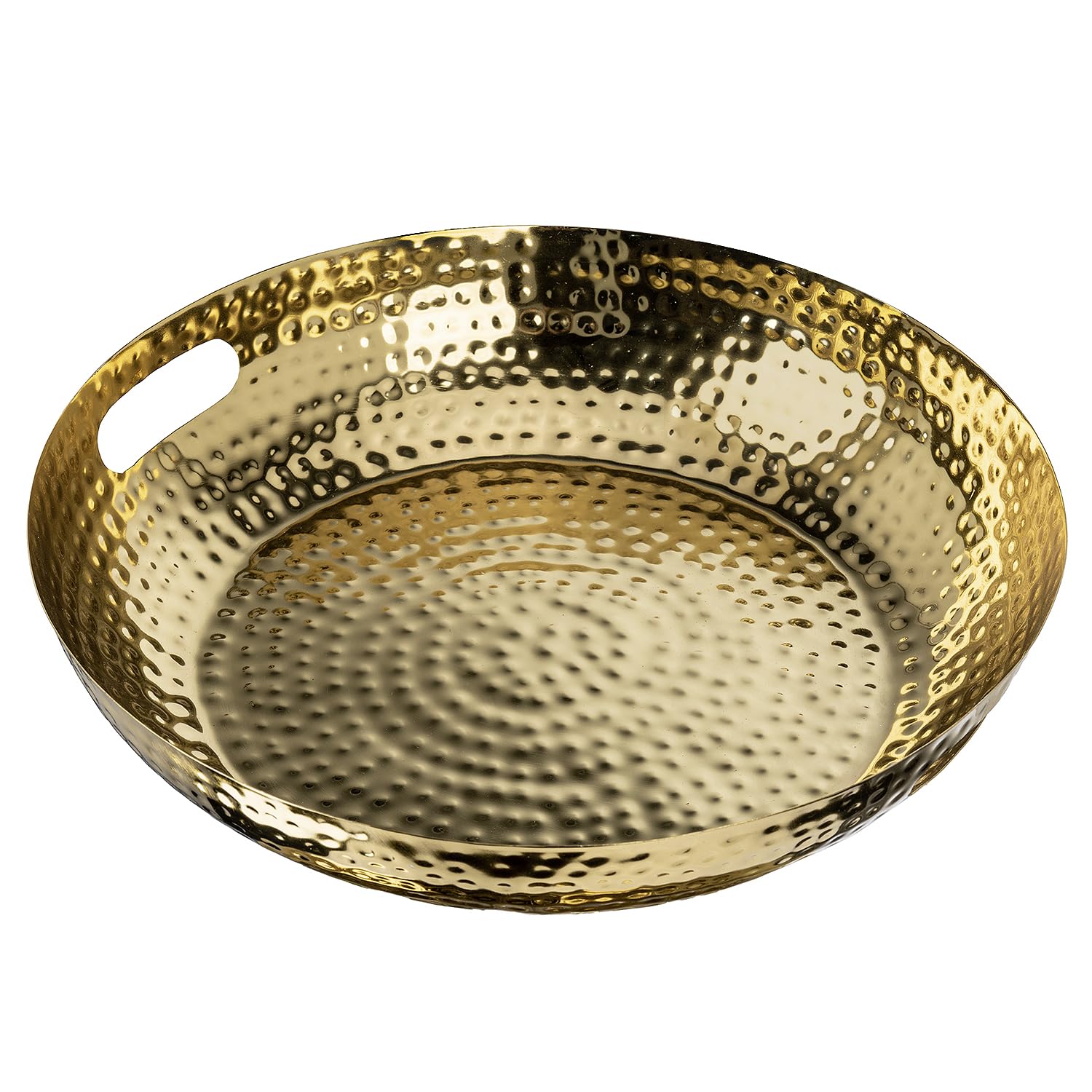 Photo 1 of MyGift 14 Inch Deluxe Decorative Dish Tray Centerpiece Base, Brass Tone Plated Hammered Aluminum Fruit Bowl Serving Platter with Cutout Handles - Handcrafted in India