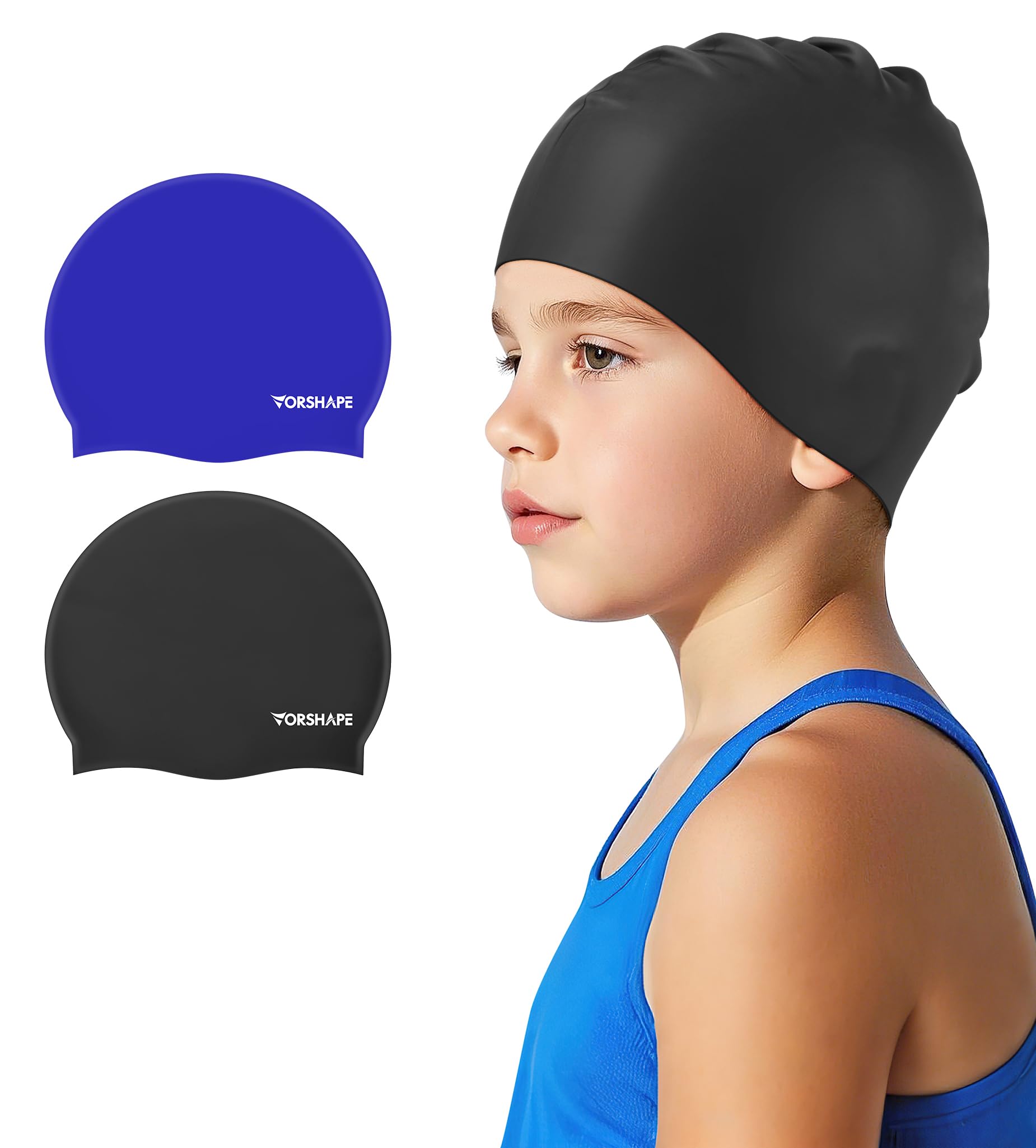 Vorshape Swim Cap Kids (2 Pack), Durable Waterproof Swimming Cap for Men & Women, Comfortable Swim Cap for Long Hair, Silicone Swim Caps for Adult, Black & Blue