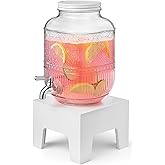Beverage Dispenser 1 Gallon, Glass Drink Dispenser with Wooden Base Stand, Wide Mouth Jar for Lemonade, Iced Tea, Infused Water, Vintage Kitchen Decor
